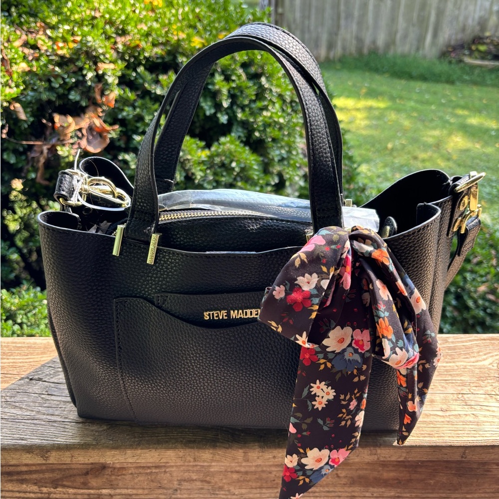 Steve Madden Black Satchel/Crossbody/Shoulder Bag with Floral Accent NWT